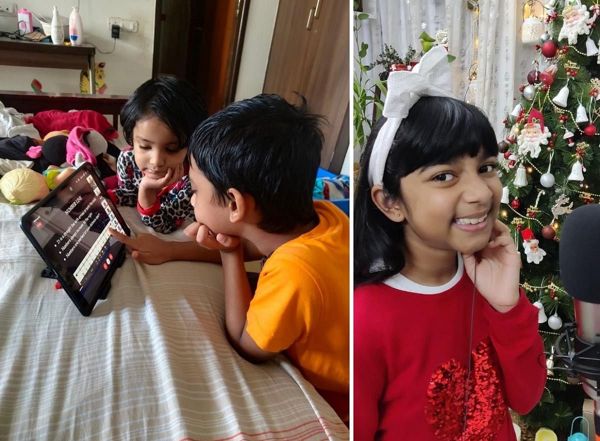 Kshithija and Samaksh Dev Nellore attending online classes. (Right) Megan Rakesh has taken to singing to keep herself occupied. Credit: Special Arrangement