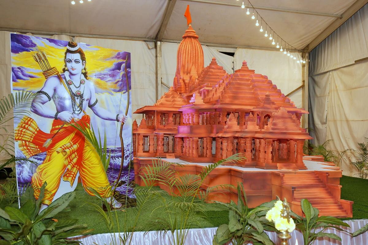 Replica of proposed Ram Mandir of Ayodhya, at Gruhashobhe exhibition, in Mysuru.