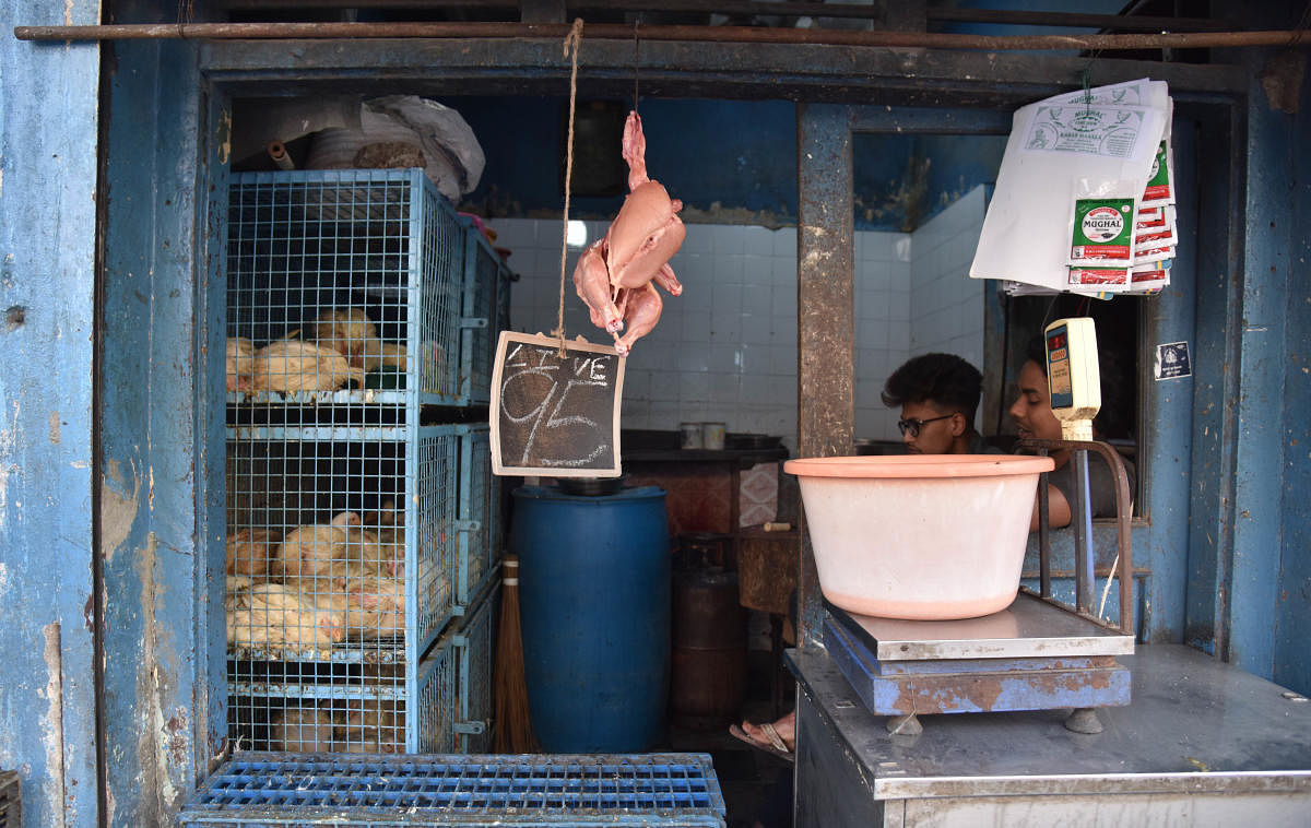 A poultry shop in J C Nagar. The supply is on the wane, with poultries fearing government may order culling of birds. D H Photo Aby B K Janardhan