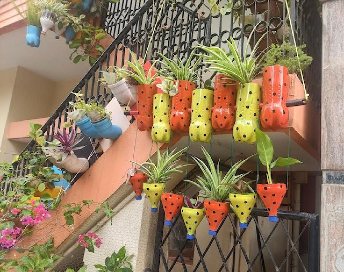 New spaces for plants made from discarded bottles and pipes.