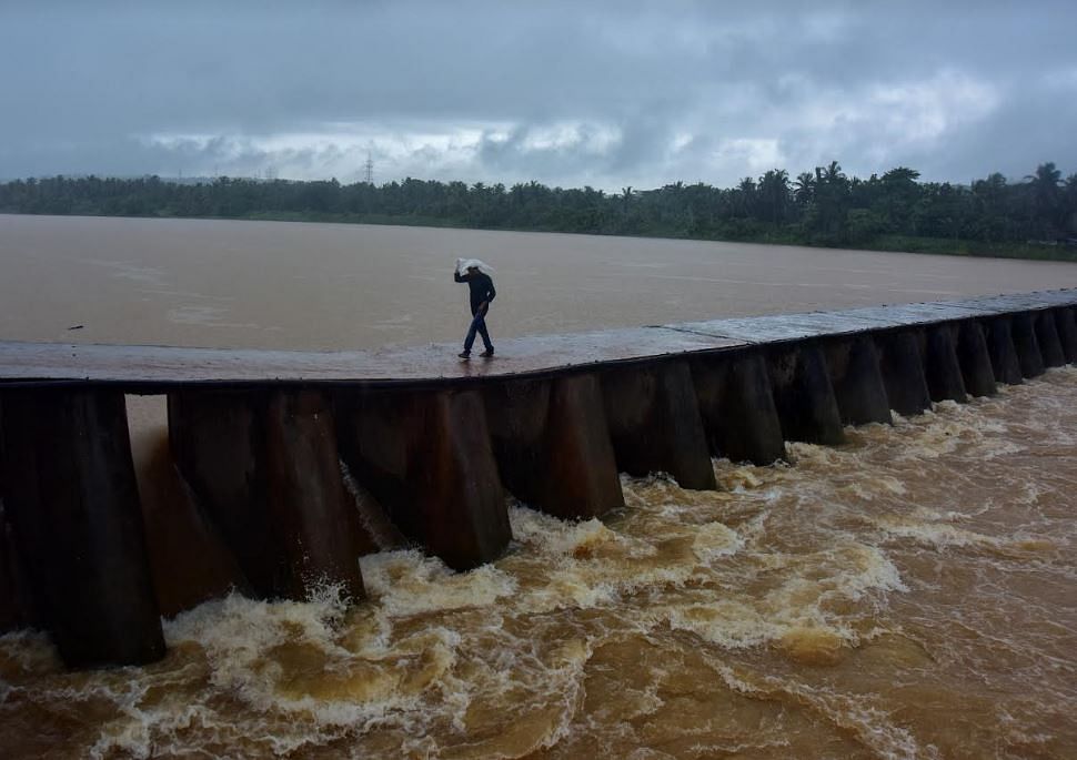 A view of water -level in Maravoor vented dam following heavy rain that lashed the region on Saturday. Credit: DH Photo/Govindraj Javali  