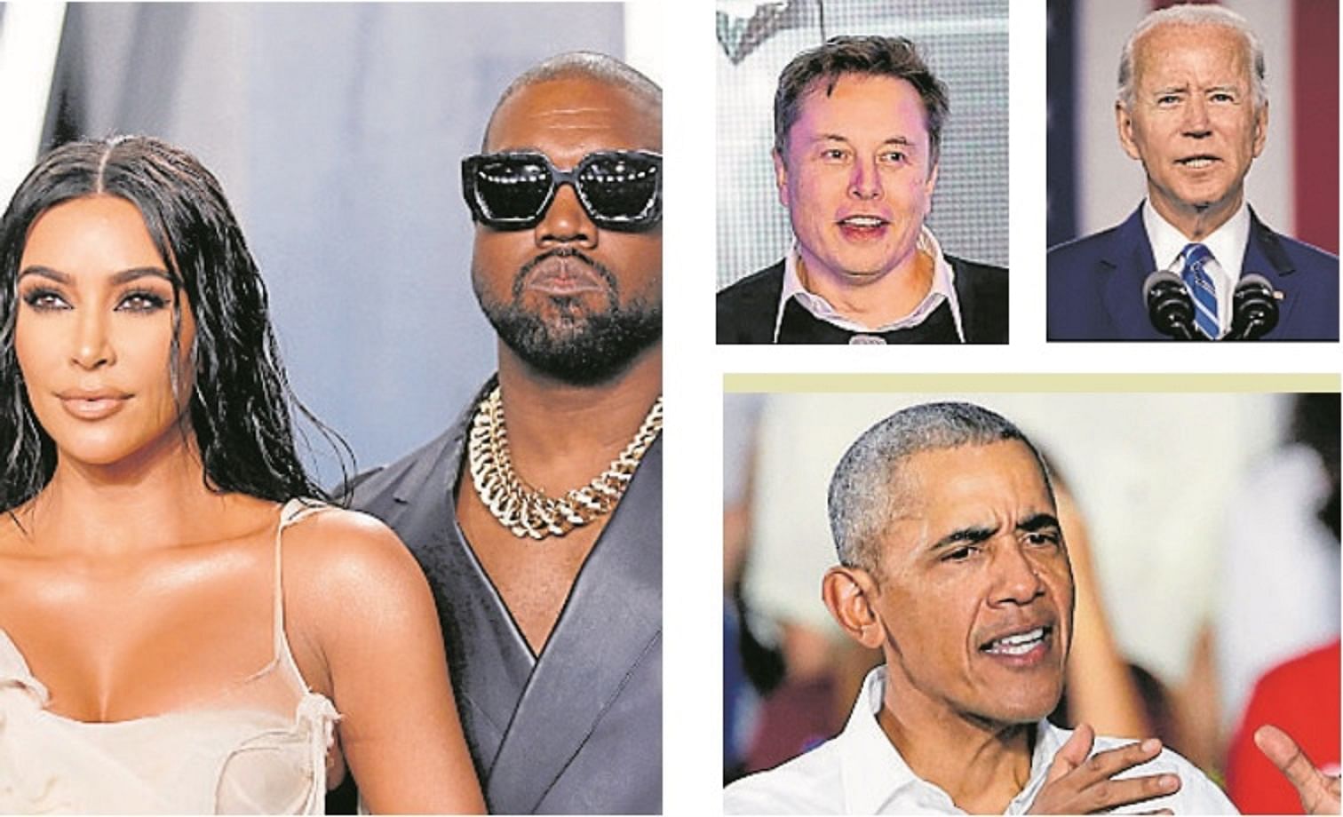 Twitter hacking victims: (clockwise) Elon Musk, CEO of Tesla, US presidential candidate Joe Biden, former US president Barack Obama, actor Kim Kardashian and rapper Kanye West.