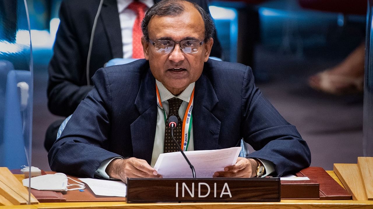 India's Permanent Representative to the UN Ambassador T S Tirumurti speaks at the UNSC. Credit:  PTI Photo