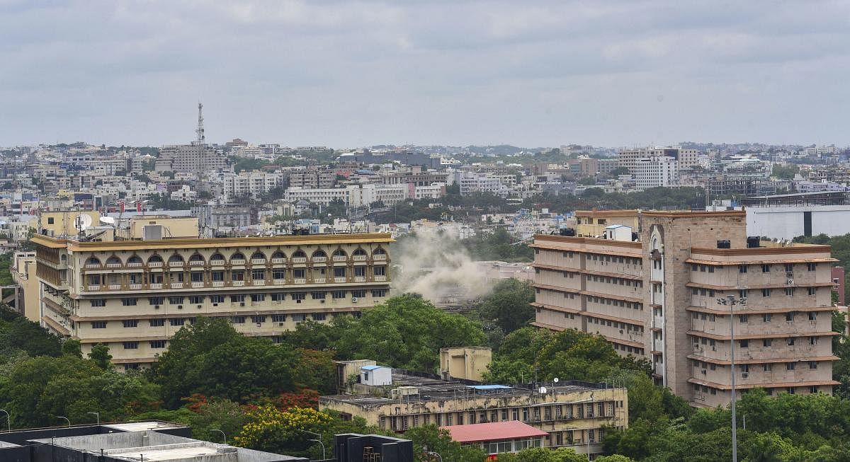 The demolition of the State Secretariat building was underway after the High Court gave permission for the construction of the new Secretariat building, in Hyderabad. Credit: PTI Photo 