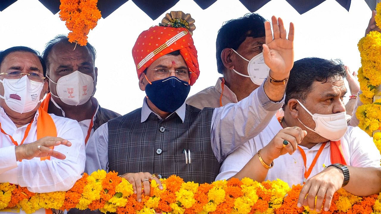 Union Health Minister Mansukh Mandaviya during 'Jan Ashirwad Yatra', in Rajkot. Credit: PTI Photo