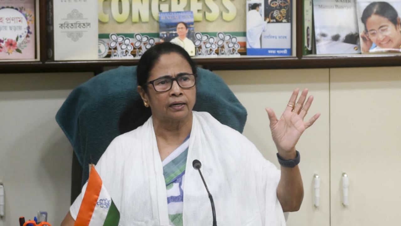 West Bengal Chief Minister Mamata Banerjee addresses a vitual meeting from her residence at Kalghat, Kolkata. Credit: PTI Photo