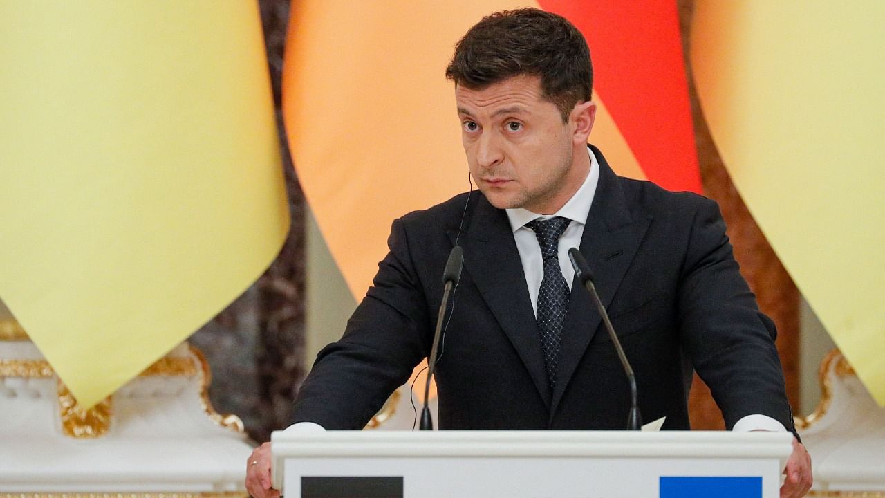 Ukrainian President Volodymyr Zelensky gives a joint news conference with German Chancellor following their talks at the Mariinsky palace in Kiev, on August 22, 2021. Credit: AFP Photo