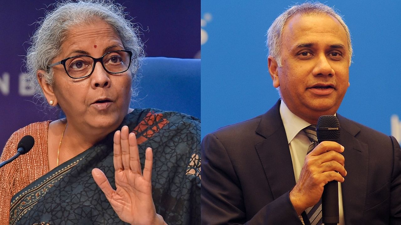 FM Sitharaman (L) had summoned Infosys CEO Salil Parekh over glitches in the new I-T portal developed by the firm. Credit: PTI, DH Photos