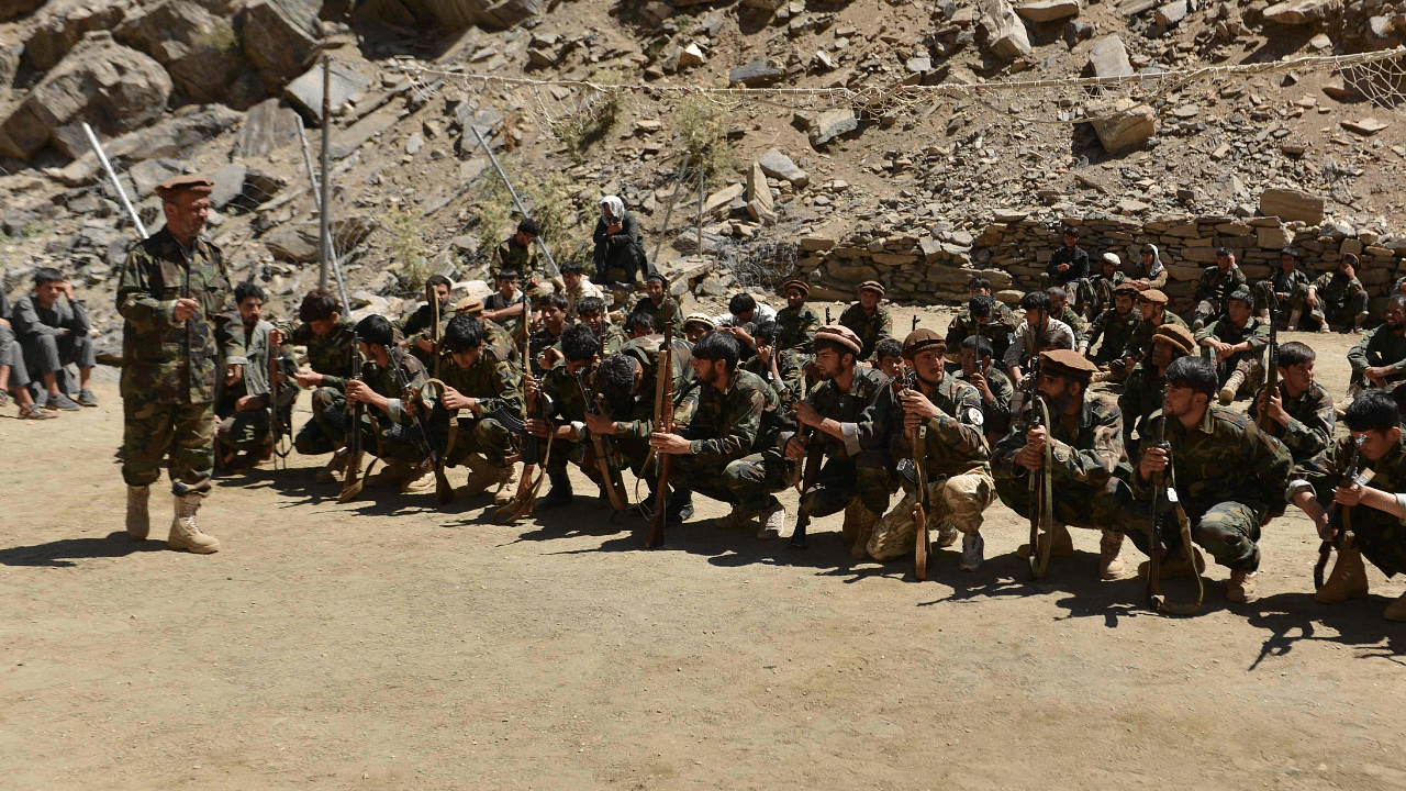 Afghan resistance movement and anti-Taliban uprising forces take part in military training at the Abdullah Khil area of Dara district in Panjshir province. Credit: AFP Photo