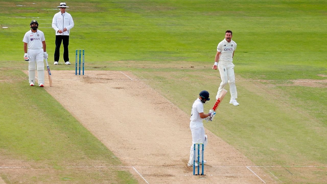 James Anderson celebrates taking the wicket of Virat Kohli. Credit: Reuters photo