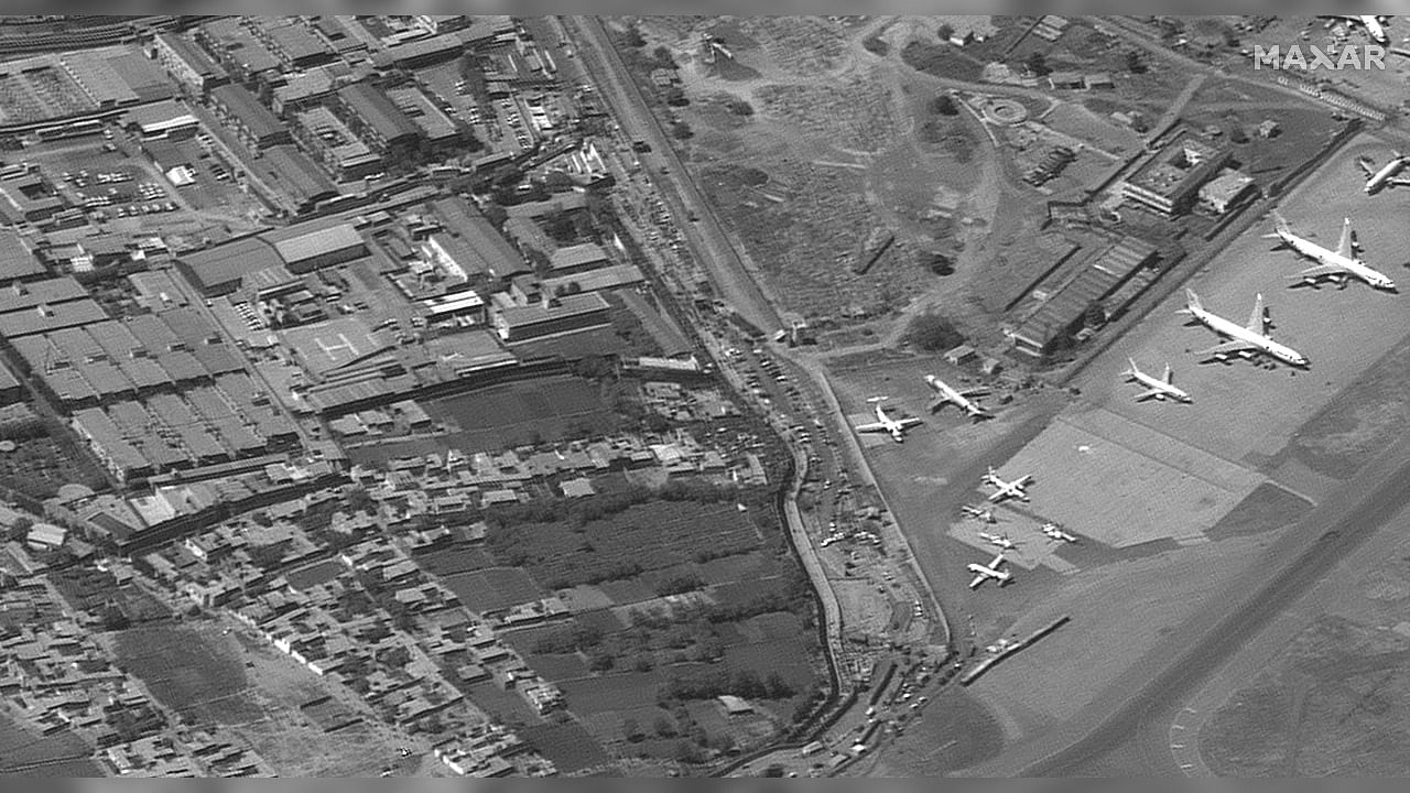 An overview of the Abbey Gate at Hamid Karzai International Airport, in Kabul, Afghanistan August 25, 2021, in this satellite image obtained by Reuters on August 26, 2021. Credit: Reuters photo/Maxar Technologies