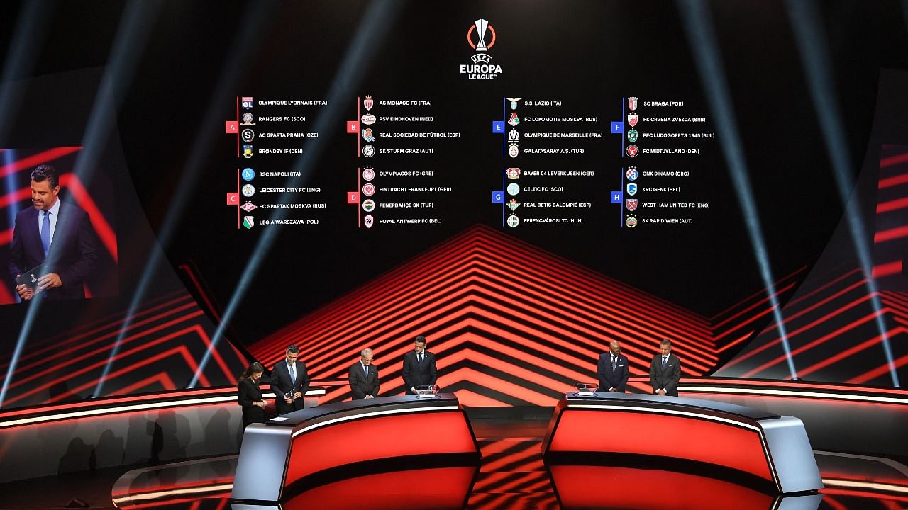 A screen displays the groups for the UEFA Europa League. Credit: AFP Photo