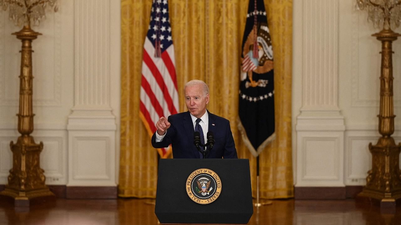 US President Joe Biden takes questions from reporters after delivering remarks on the terror attack at Hamid Karzai International Airport, and the US service members and Afghan victims killed and wounded, in the East Room of the White House, Washington, DC. Credit: AFP Photo