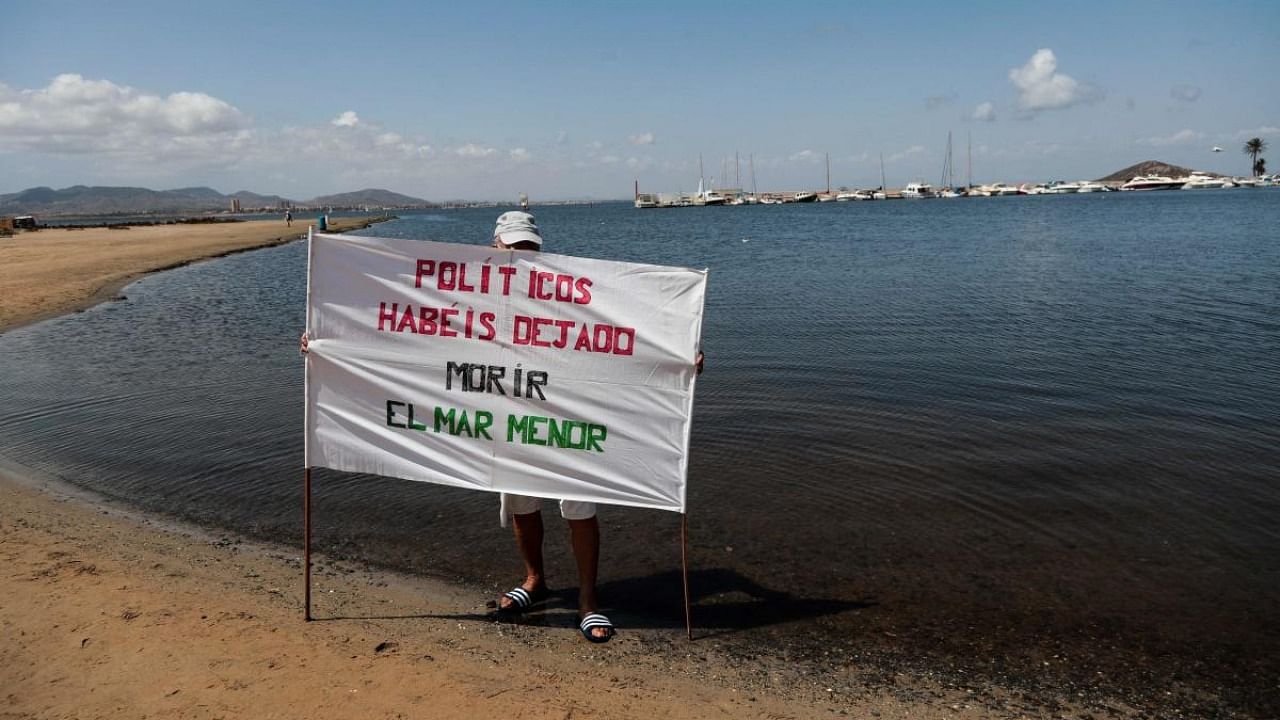 A man holds a banner saying "Politicians you have let the Mar Menor lagoon die" in Puerto Bello de la Manga, near Murcia on August 25, 2021. Credit: AFP Photo