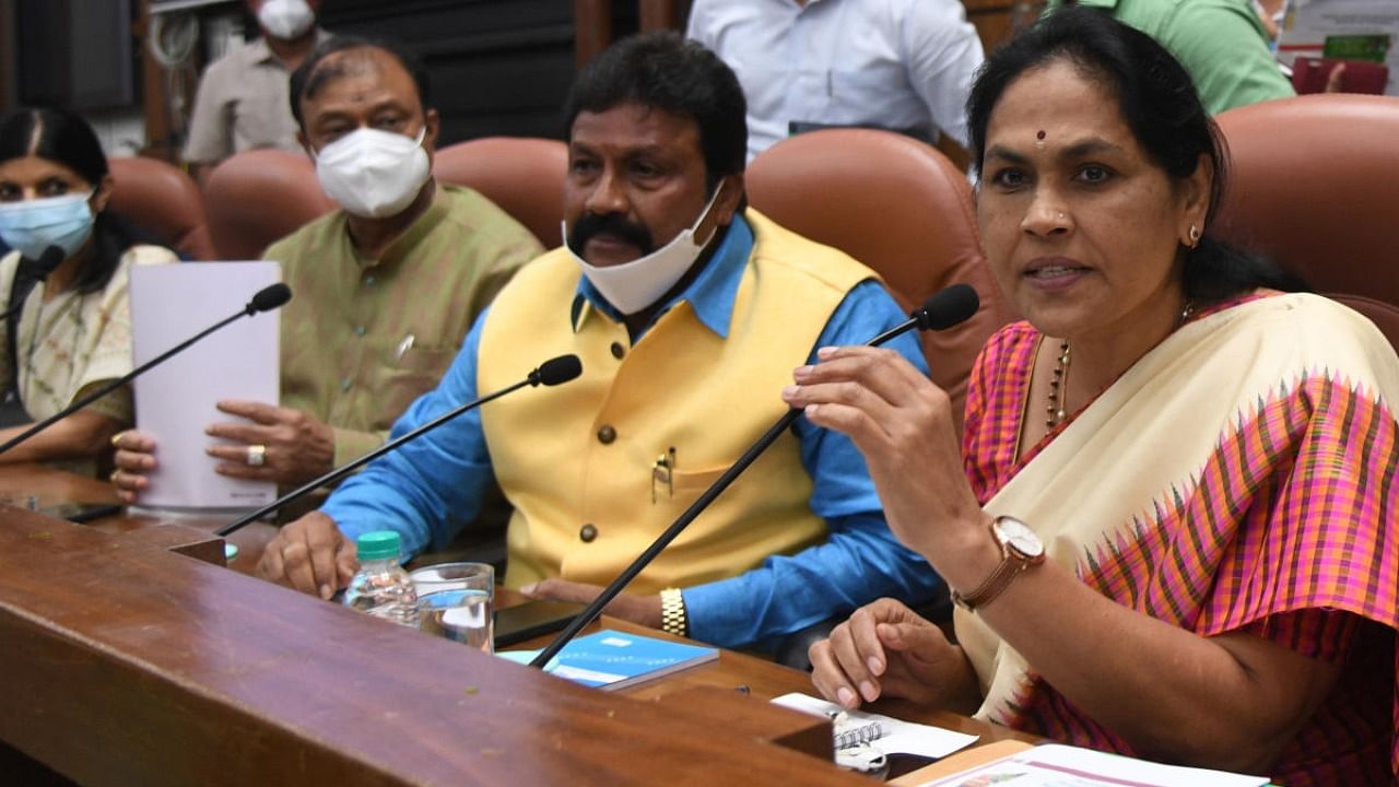 Union Minister of State for Agriculture Shobha Karandlaje addresses a press meet in Bengaluru on Friday. Ministers K C Narayanagowda and B C Patil are seen. Credit: DH Photo / B H Shivakumar