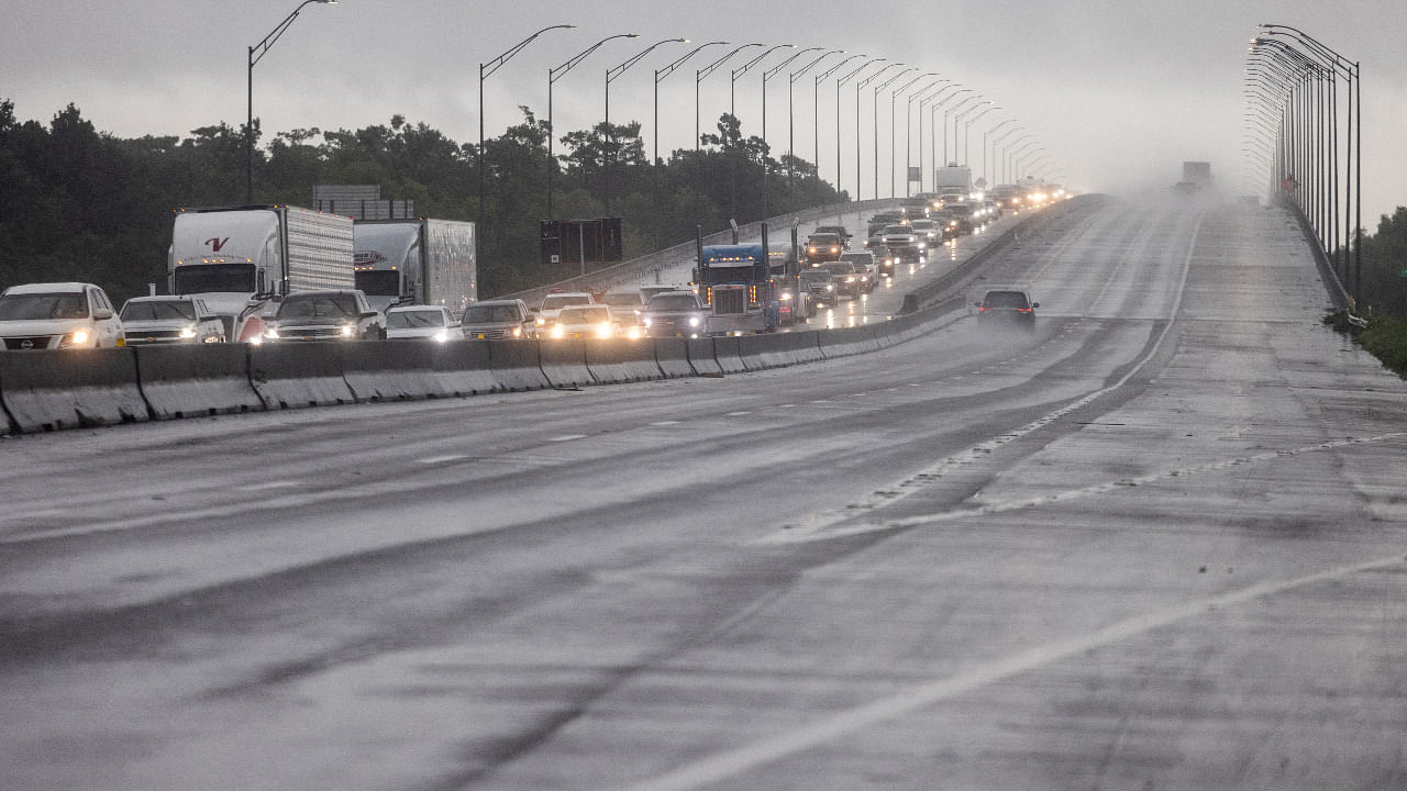 Traffic moves bumper to bumper along I-10 west as residents arrive into Texas from the Louisiana border ahead of Hurricane Ida. Credit: Reuters Photo