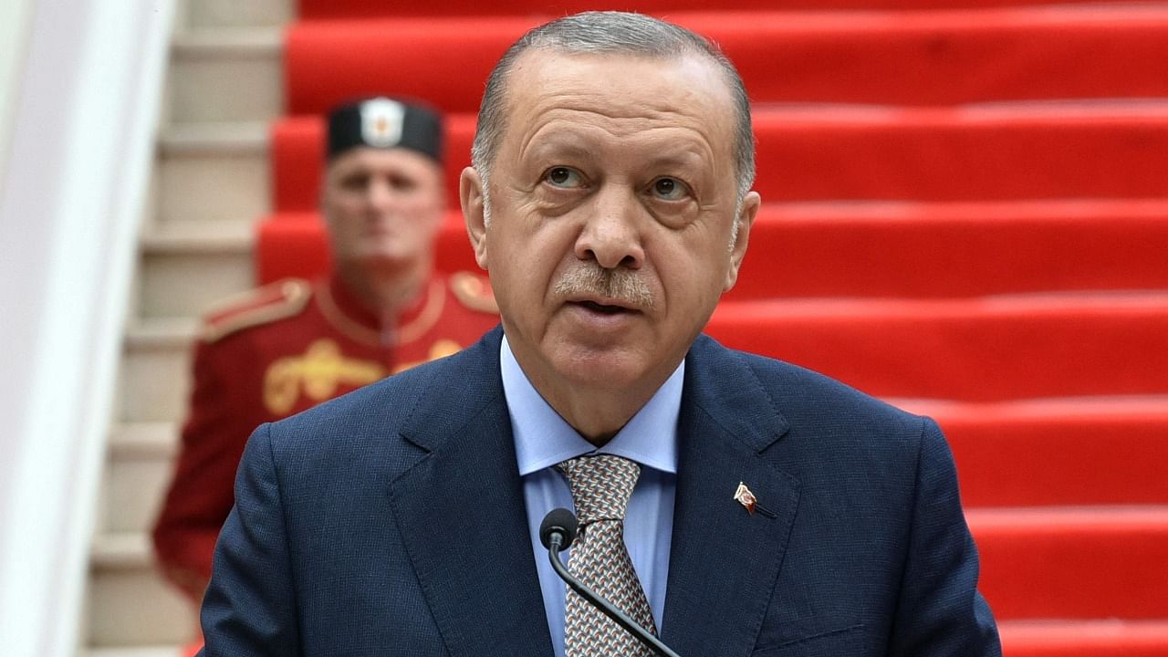 Turkish President Recep Tayyip Erdogan addresses media after a bi-lateral meeting with President of Montenegro, in Cetinje, on August 28, 2021. Credit: AFP Photo