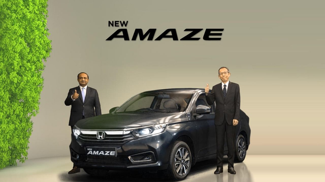 Gaku Nakanishi, President & CEO, Honda Cars India Ltd and Rajesh Goel, Senior VP and Director-Marketing and Sales, at the launch of New Amaze. Credit: Honda