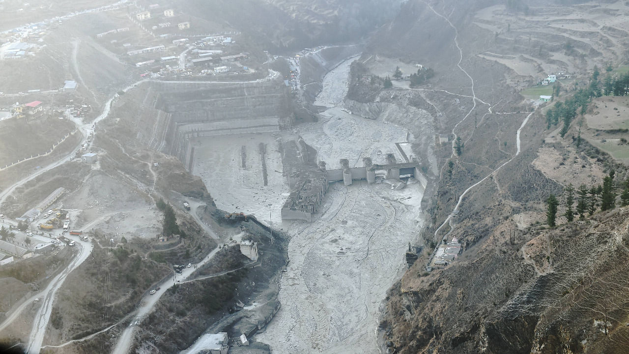 Aerial view shows washed away Tapovan hydel power project plant after Sunday's glacier burst, in Chamoli district of Uttarakhand. Credit: PTI Photo