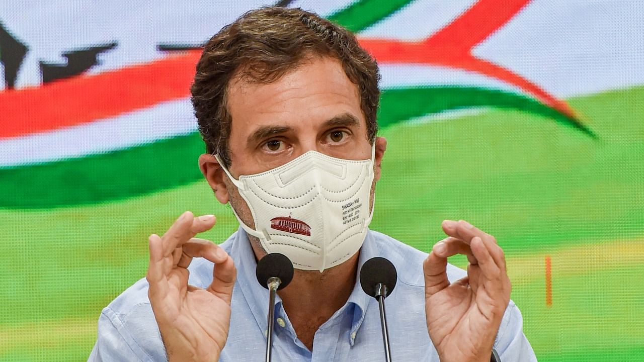 Congress leader Rahul Gandhi addresses a press conference in New Delhi. Credit: PTI Photo