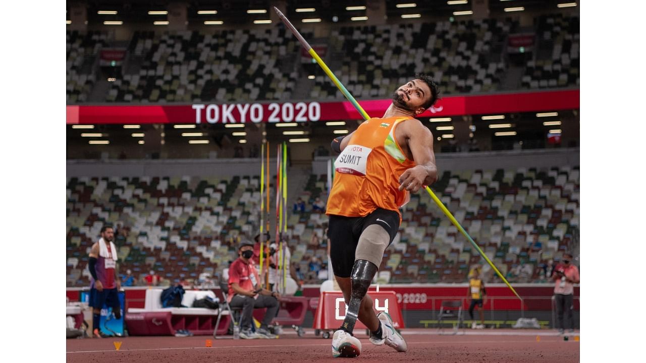 Sumit Antil wins Gold in the men's javelin throw F64 with a new world record of 68.08 at Tokyo 2020 Paralympics in Tokyo. Credit: PTI Photo