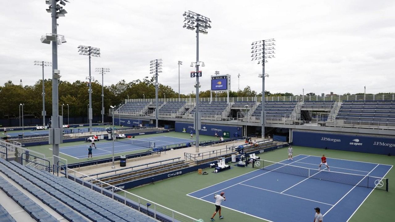 A general view of courts 4, 5, and 6 during a practice day prior to the start of the 2021 US Open. Credit: AFP Photo