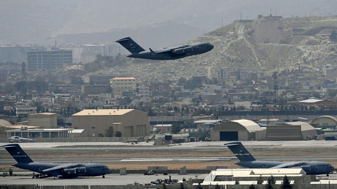An US Air Force aircraft takes off from the airport in Kabul. Credit: AFP Photo