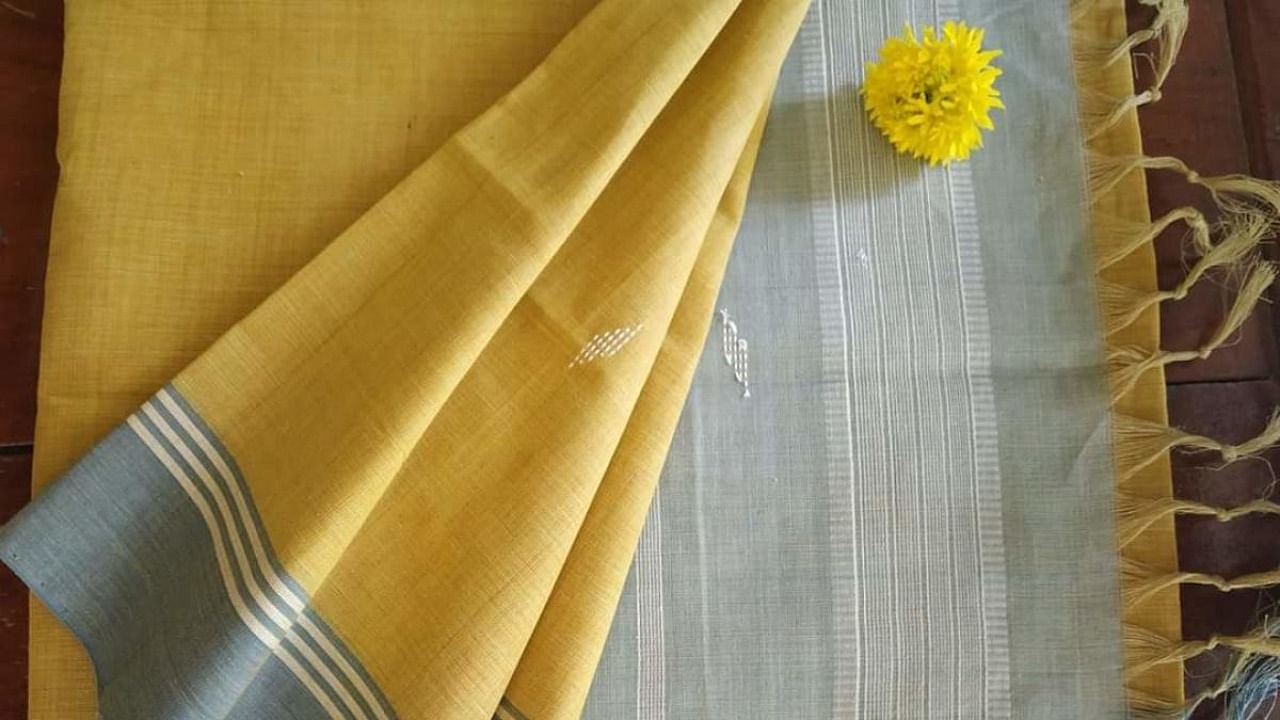 A saree which uses yellow dye extracted from marigold flowers in Udupi. Credit: Kadike Trust