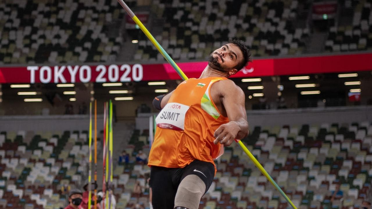 Sumit Antil wins Gold in the men's javelin throw F64 with a new world record of 68.08 at Tokyo 2020 Paralympics in Tokyo. Credit: PTI Photo