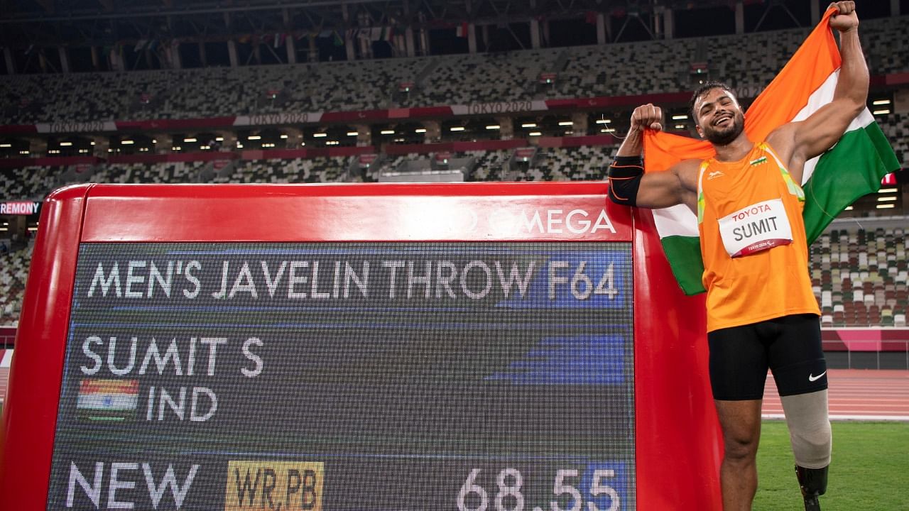 India's Sumit Antil sets a World Record of 68.55 meters and wins the gold medal during the Men's Javelin Throw F44 in the Athletics during the Tokyo 2020 Paralympic Games in Tokyo, Monday. Credit: AP/PTI Photo