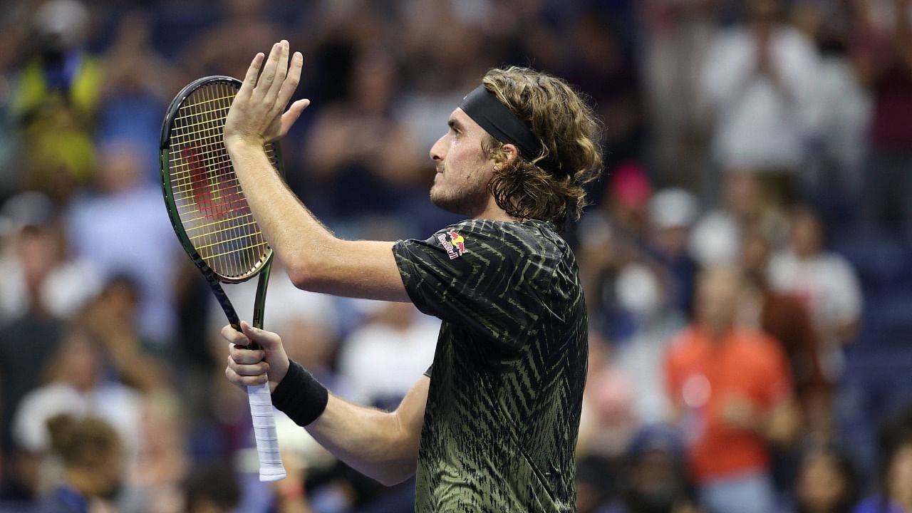Stefanos Tsitsipas of Greece celebrates after defeating Andy Murray of United Kingdom during their men's singles first round match on Day One of the 2021 US Open at the Billie Jean King National Tennis Center on August 30, 2021 in the Flushing neighborhood of the Queens borough of New York City. Credit: Elsa/Getty Images/AFP Photo