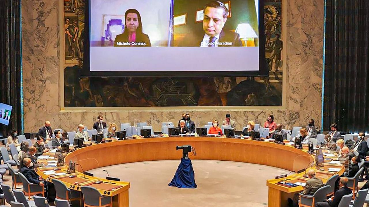 A view of the UN Security Council briefing related to Counter Terrorism, in New York. External Affairs Minister Dr. S. Jaishankar chaired the meeting. Credit: PTI Photo