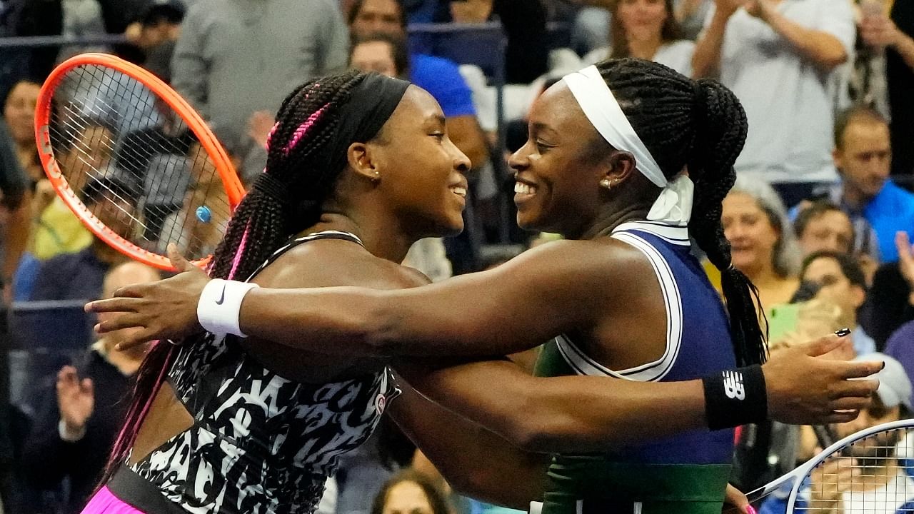 Sloane Stephens of the USA (right) and Cori Gauff of the USA embrace after Day 3 of US Open. Credit: USA Today via Reuters