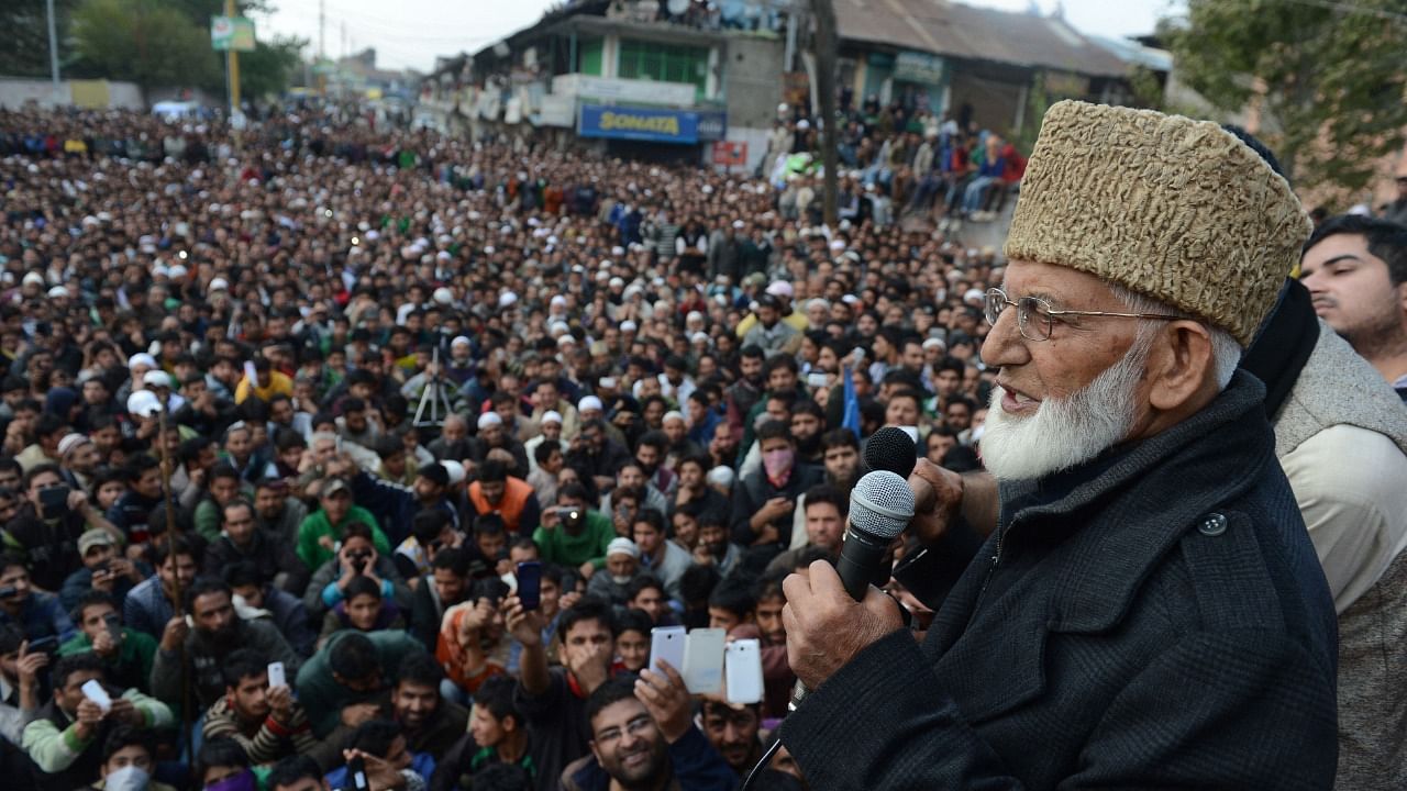 Kashmiri separatist leader Syed Ali Shah Geelani addresses a public rally in Sopore, about 48 kms northwest of the capital Srinagar. Credit: AFP File Photo