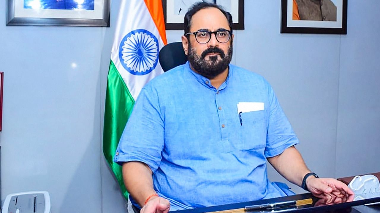 Rajeev Chandrasekhar takes charge as the Minister of State for IT at his office in New Delhi, Thursday, July 8, 2021. Credit: Twitter Photo/@GoI_MeitY