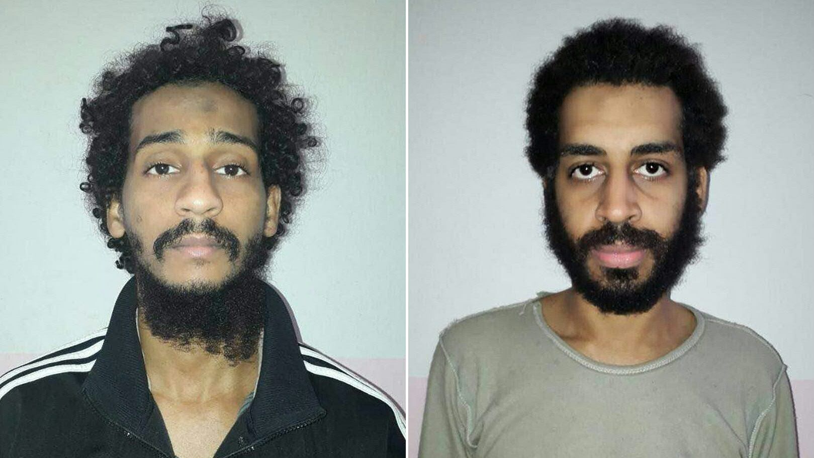 captured British Islamic State (IS) group fighters El Shafee el-Sheikh (L) and Alexanda Kotey (R), posing for mugshots in an undisclosed location. Credit: SDF handout Photo via AFP