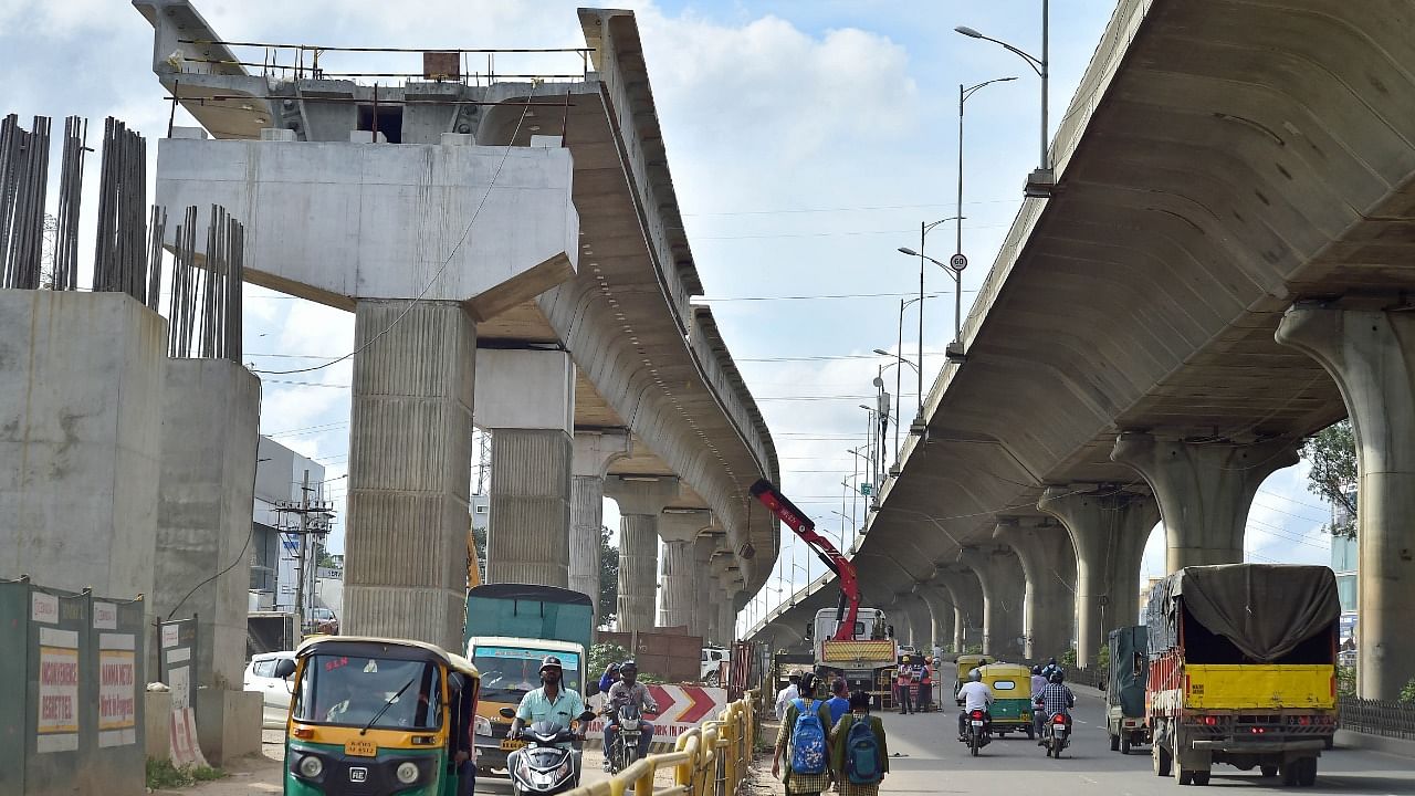 The metro work is in final stages at Hosa Road Junction on Hosur Main Road. Credit: DH File Photo