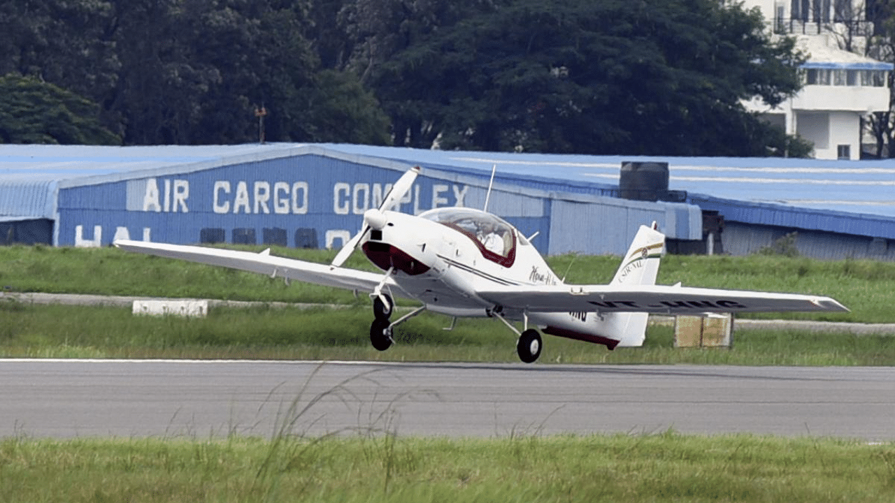 Hansa New Generation (NG) aircraft successfully made its maiden flight in Bengaluru. Credit: PTI Photo