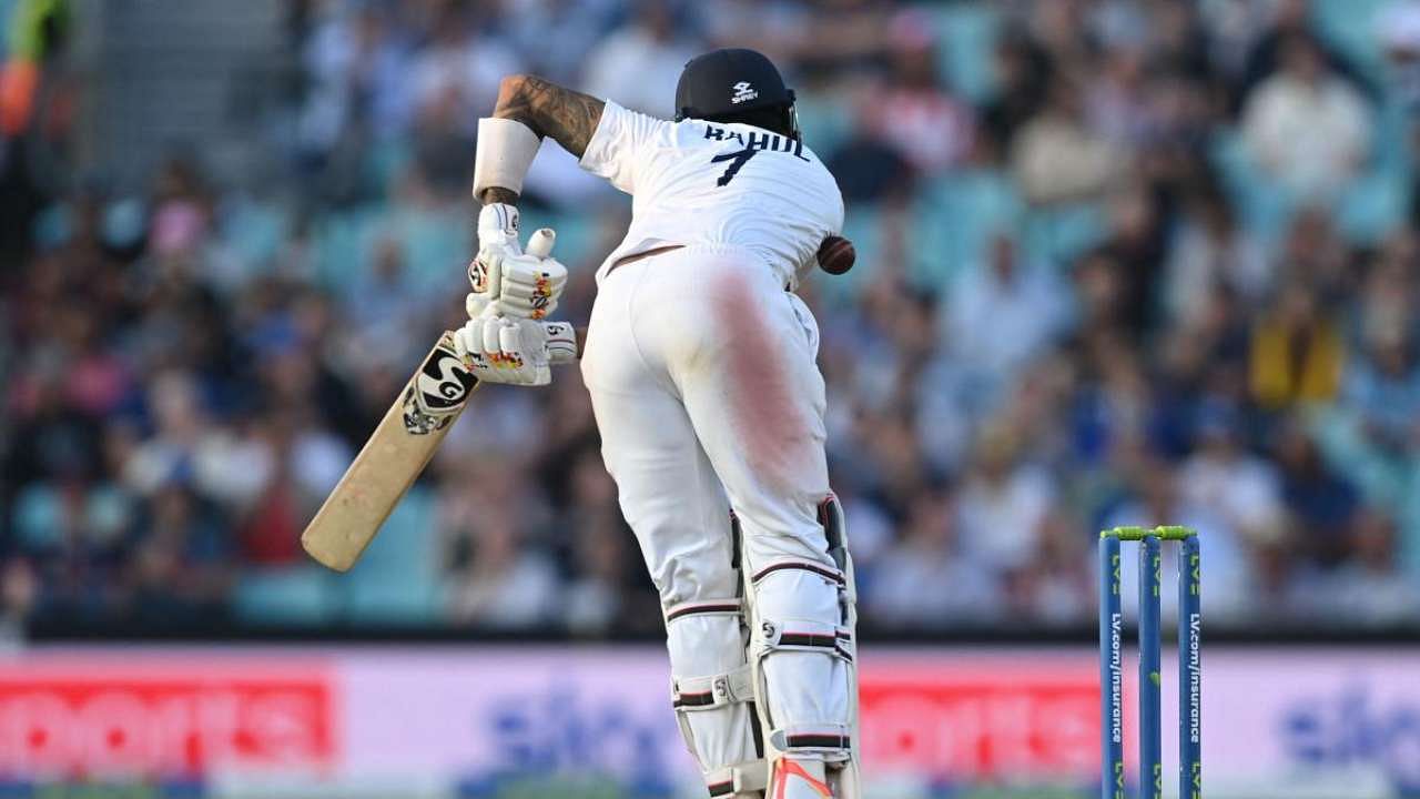 India's KL Rahul manages to control a short ball during play on the second day of the fourth cricket Test match between England and India at the Oval cricket ground in London. Credit: AFP Photo
