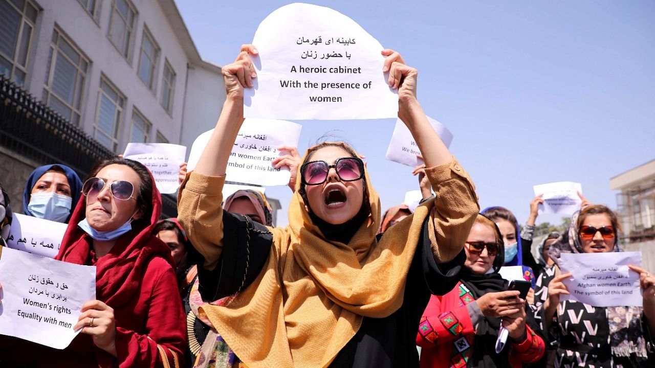 Afghan women's rights defenders and civil activists protest. Credit: Reuters Photo