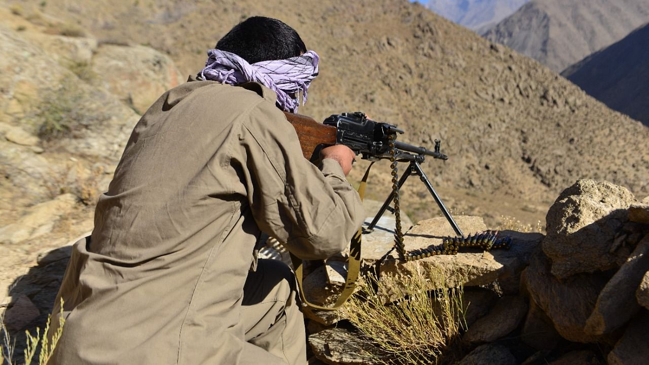 An Afghan resistance movement and anti-Taliban uprising forces personnel takes part in a military training at Malimah area of Dara district in Panjshir province on September 2, 2021 as the valley remains the last major holdout of anti-Taliban forces. Credit: AFP File Photo