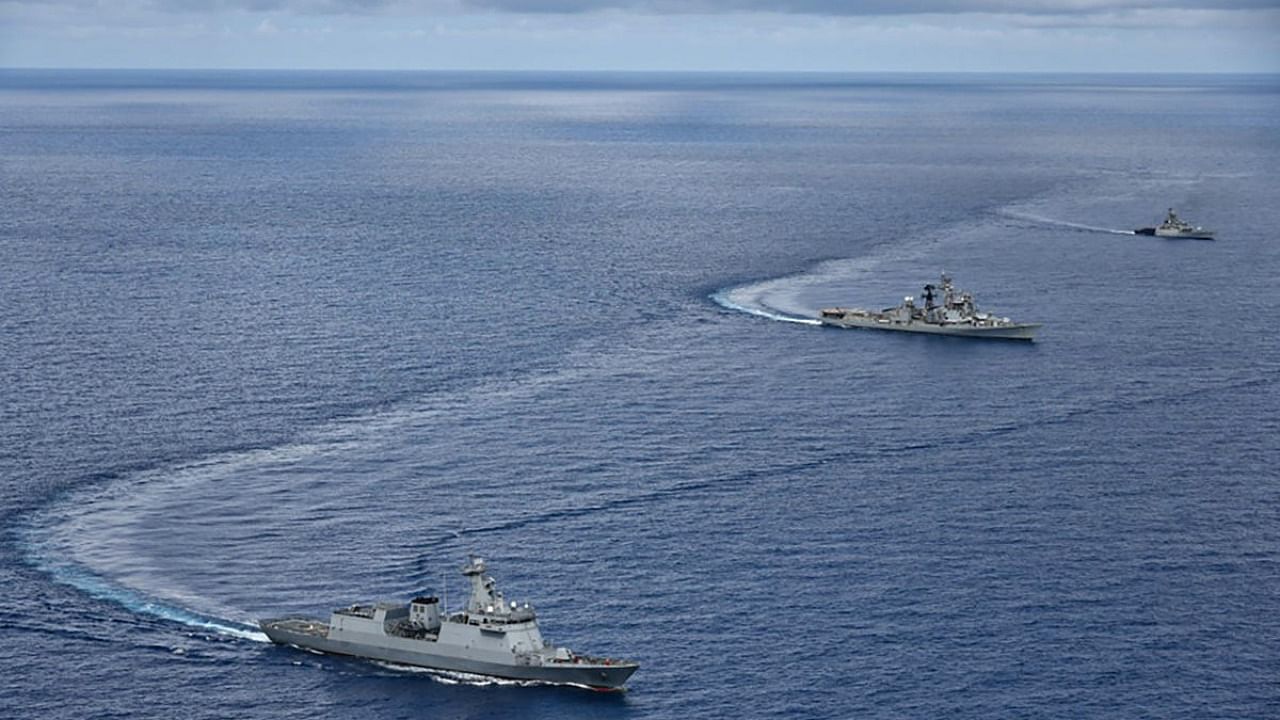 Indian Navy ships in a maritime exercie. Credit: PTI Photo