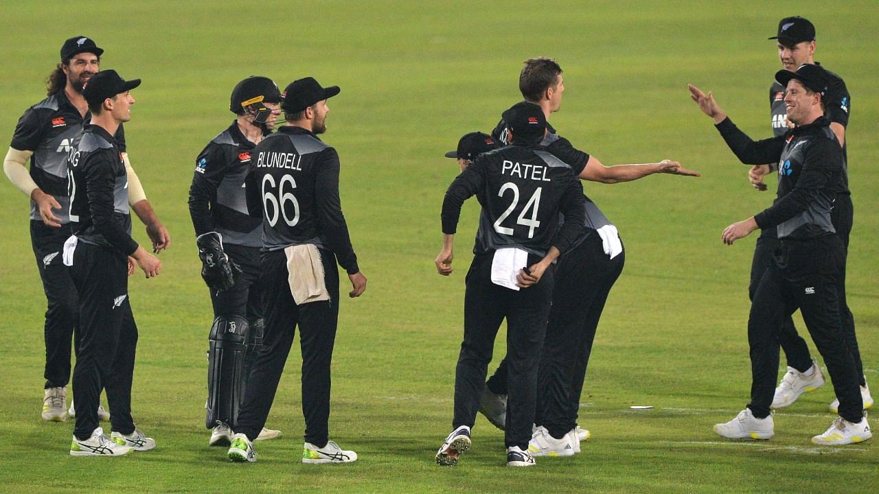 New Zealand's players celebrate the dismissal of Bangladesh's Nurul Hasan (not pictured) during the third T20 in Dhaka. Credit: AFP Photo