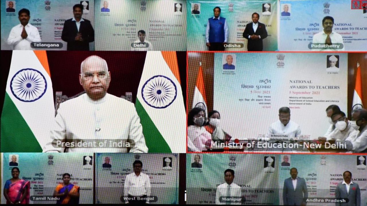 President Ram Nath Kovind during a virtual ceremony to confer national awards to teachers on the occasion of Teachers’ Day, in New Delhi, Sunday. Credit: PTI Photo