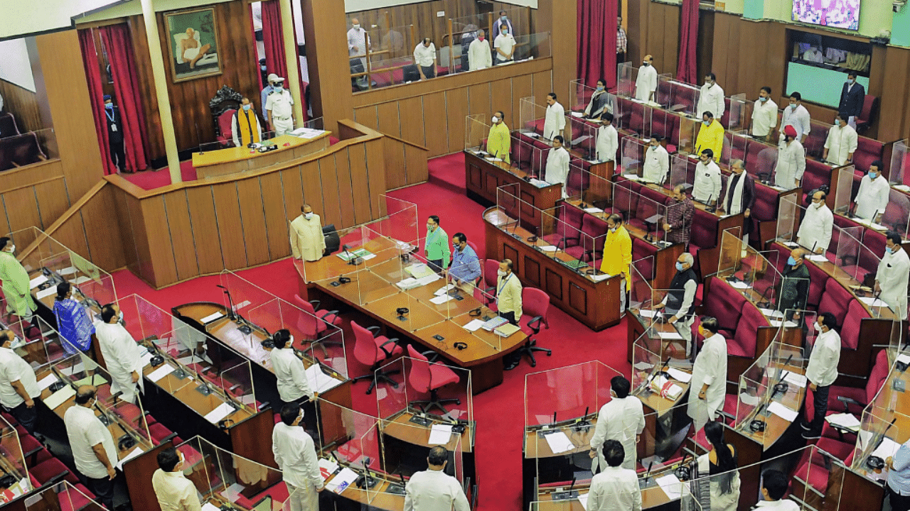 The Speaker had cautioned the MLA against climbing the podium to stage protest as the legislator recently recovered from Covid-19. Credit: PTI Photo
