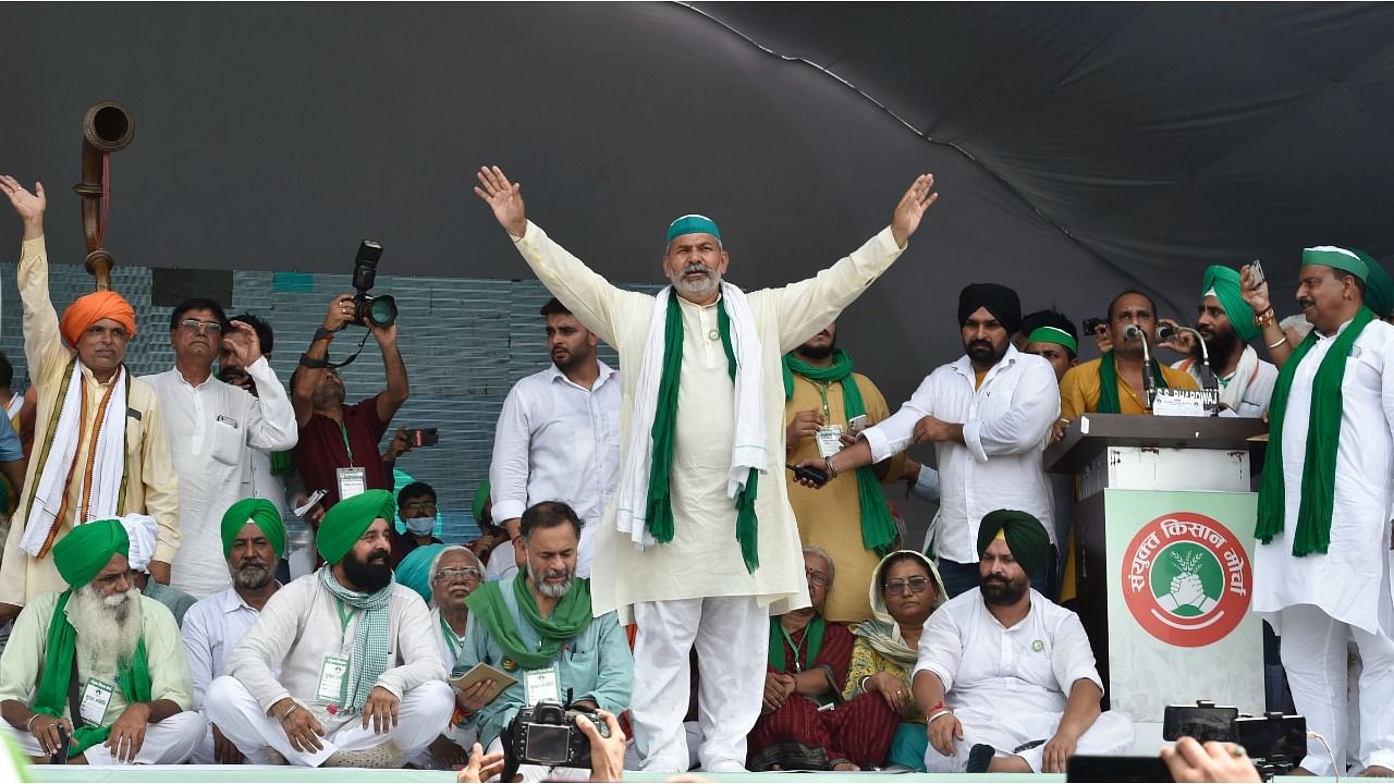 Bharatiya Kisan Union spokesperson Rakesh Tikait during a 'Kisan Mahapanchayat' over the ongoing farmers' agitation against Centre's farm reform laws, in Muzaffarnagar. Credit: PTI Photo