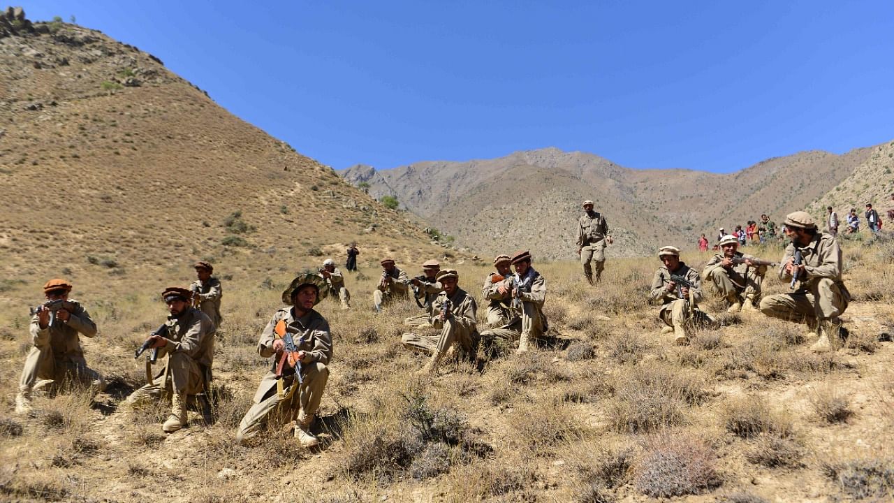 Resistance movement and anti-Taliban uprising forces take part in a military training at Malimah area of Dara district in Panjshir province. Credit: AFP File Photo