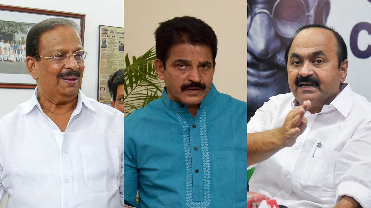 (L-R) Kerala Congress chief K Sudhakaran, K C Venugopal and V D Satheesan. Credit: DH, PTI File Photos