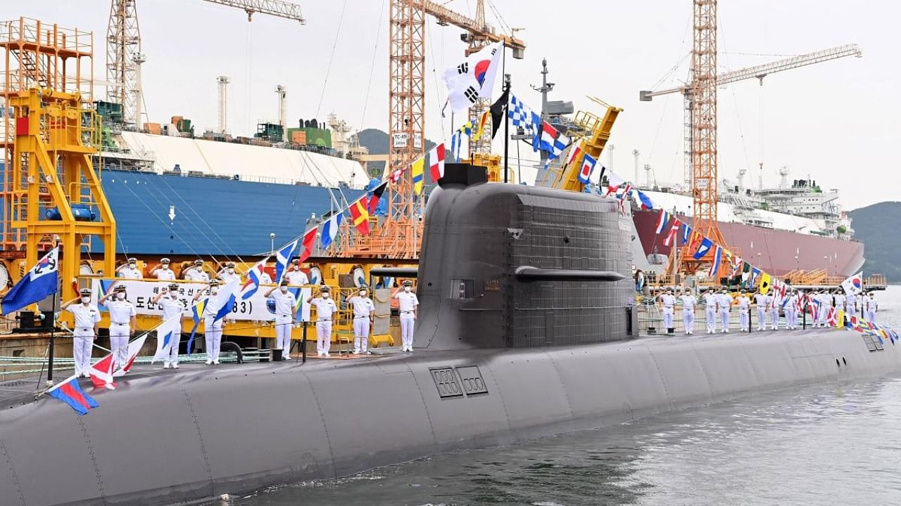 The locally-developed, diesel-powered 3,000-tonne submarine, named after revered independence activist Ahn Chang-ho, during its commissioning ceremony on the southern island of Geoje. Credit: AFP Photo