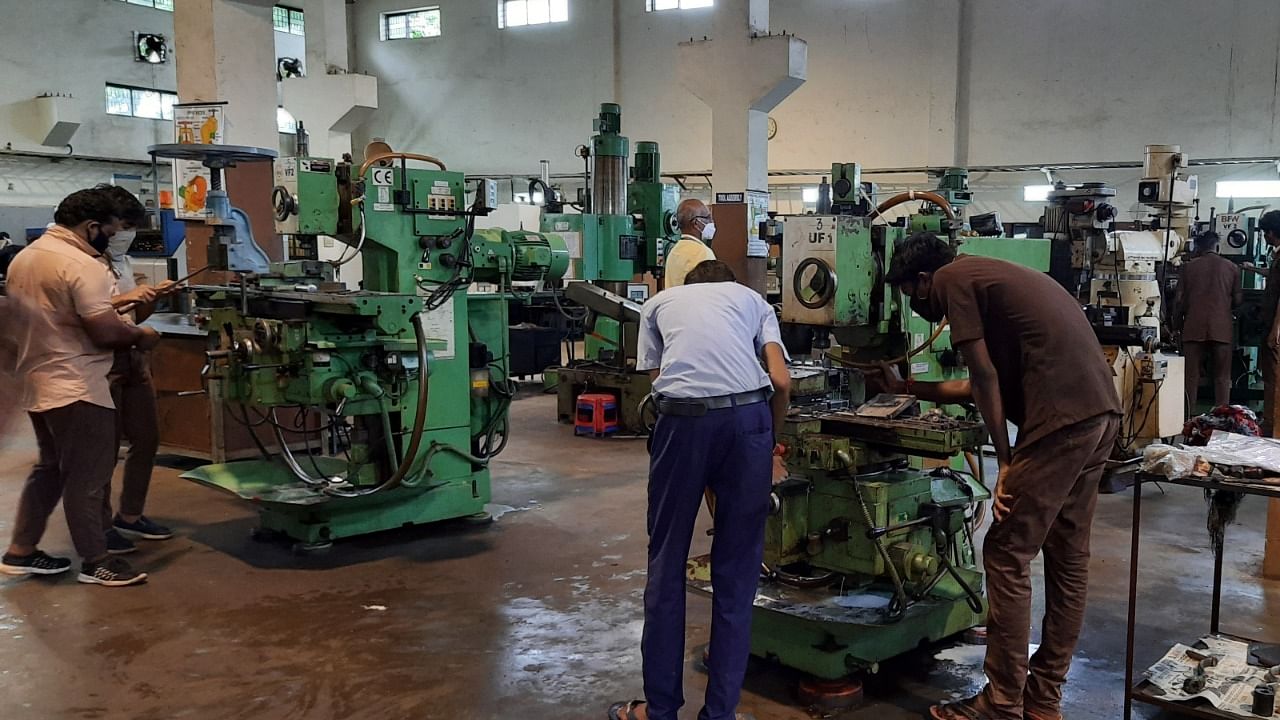 Students undergoing training at the workshop of  Government Tool Room and Training Centre in Baikampady on the outskirts of Mangaluru. Credit: DH Photo